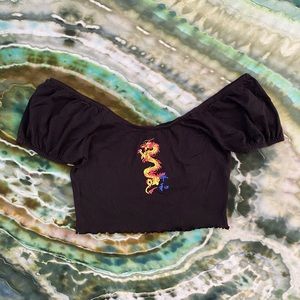 black off the shoulder dragon crop top Urban Outfitters
